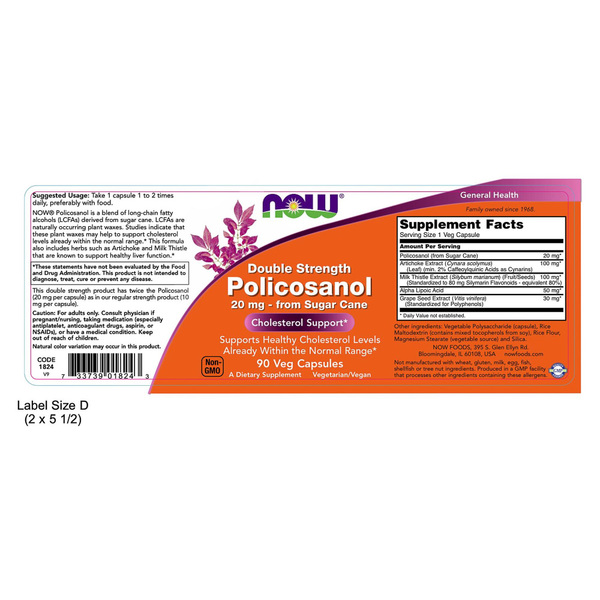 Now Foods Policosanol Double Strength 20mg 90 Capsules