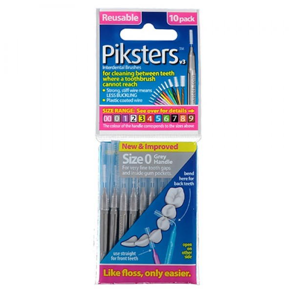 Piksters Interdental Toothbrushes - Size 0 Silver (10 brushes per pack)