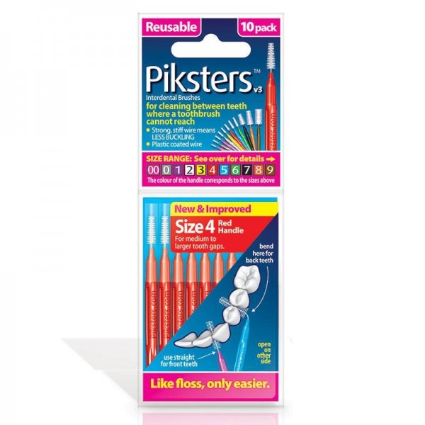 Piksters Interdental Toothbrushes - Size 4 Red (10 brushes per pack)